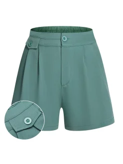Fashion Retro Stage Mint 1950s Solid Pleating Decorative Pocket Shorts Green