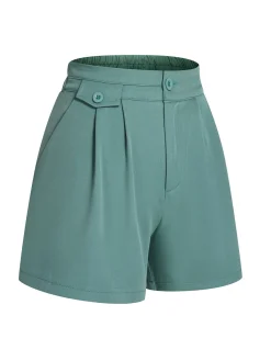 Fashion Retro Stage Mint 1950s Solid Pleating Decorative Pocket Shorts Green