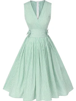 Best Retro Stage Mint 1950s Striped V-Neck Dress Green