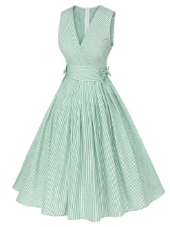 Best Retro Stage Mint 1950s Striped V-Neck Dress Green