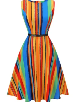 Clearance Retro Stage 1950s Stripe Crew Dress With Belt Multi