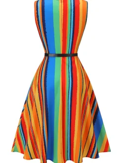 Clearance Retro Stage 1950s Stripe Crew Dress With Belt Multi