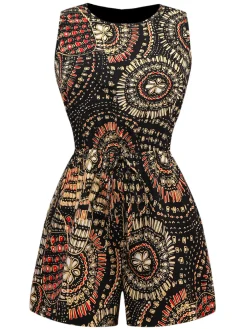 Sale Retro Stage Multiclor 1970s Boho Irregular Print Romper Multicolor
