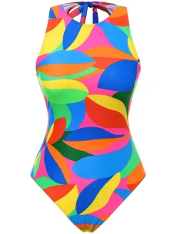 Best Retro Stage 1960s Abstract Leaves One-Piece Swimsuit Multicolor