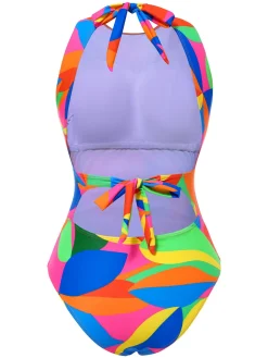 Best Retro Stage 1960s Abstract Leaves One-Piece Swimsuit Multicolor