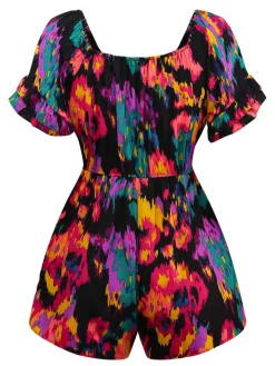 Fashion Retro Stage 1960s Abstract Paints Ruffle Off-Shoulder Romper Multicolor