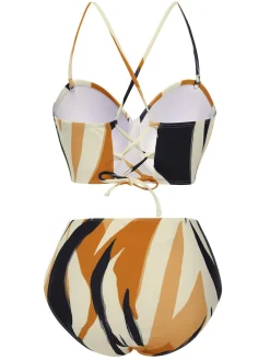 New Retro Stage 1940s Artistic Brush Straps Lace-Up Swimsuit Multicolor