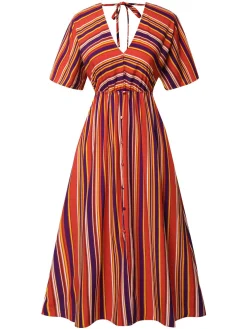 New Retro Stage 1970s Bayadere Stripes V-Neck Dress Multicolor