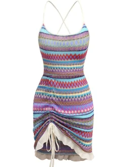 Clearance Retro Stage Multicolor 1960s Bohemian Drawstring Knit Straps Dress