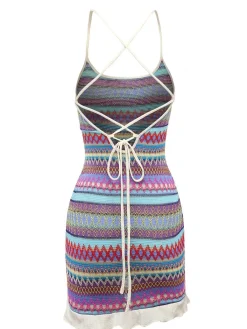 Clearance Retro Stage Multicolor 1960s Bohemian Drawstring Knit Straps Dress