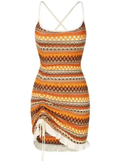 Online Retro Stage Multicolor 1960s Bohemian Drawstring Knit Straps Dress