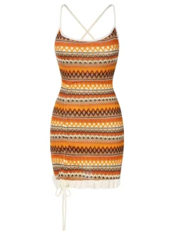 Online Retro Stage Multicolor 1960s Bohemian Drawstring Knit Straps Dress
