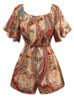 New Retro Stage 1970s Bohemian Off-Shoulder Romper Multicolor