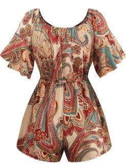 New Retro Stage 1970s Bohemian Off-Shoulder Romper Multicolor