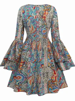Clearance Retro Stage 1970s Bohemian Paisley Floral Bell Sleeve Dress Multicolor