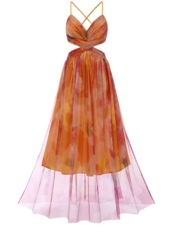 Fashion Retro Stage 1970s Bohemian Tie-Back Floral Mesh Dress Multicolor