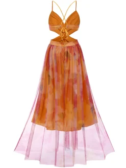 Fashion Retro Stage 1970s Bohemian Tie-Back Floral Mesh Dress Multicolor