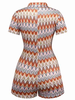 Best Retro Stage 1970s Boho Trees Lapel Romper Multicolor