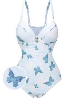Best Retro Stage 1970s Butterfly Bow Strap Swimsuit Multicolor