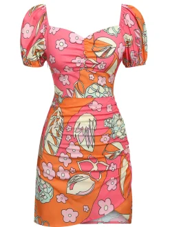Hot Retro Stage 1960s Cartoon Floral Tulip Hem Dress Multicolor