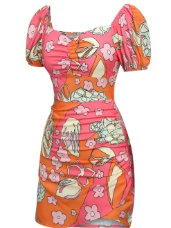 Hot Retro Stage 1960s Cartoon Floral Tulip Hem Dress Multicolor