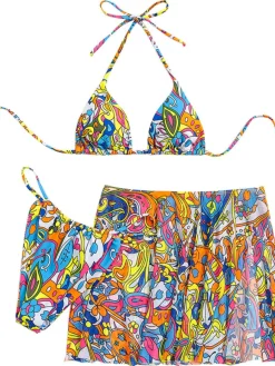 Online Retro Stage 1960s Cartoon Prints Halter Bikini Set Multicolor