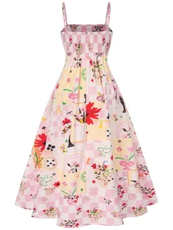 Best Retro Stage 1940s Checkerboard Floral Spaghetti Straps Dress Multicolor
