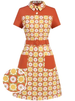 Online Retro Stage 1960s Daisy Lapel Belt Dress Multicolor