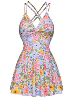 Online Retro Stage 1940s Floral Back Cross Straps Swimsuit Multicolor