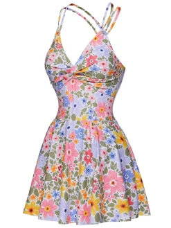 Online Retro Stage 1940s Floral Back Cross Straps Swimsuit Multicolor