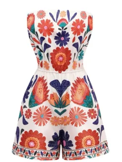 Best Retro Stage 1960s Floral Bandeau Backless Romper Multicolor