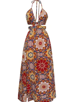 New Retro Stage 1970s Floral Bohemian Halter Dress Multicolor