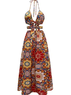 New Retro Stage 1970s Floral Bohemian Halter Dress Multicolor