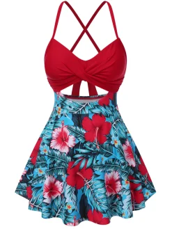 Online Retro Stage 1940s Floral Hollow Straps Swim Dress Multicolor