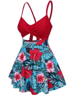 Online Retro Stage 1940s Floral Hollow Straps Swim Dress Multicolor