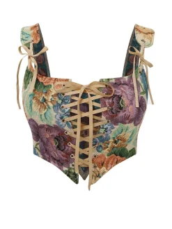 Outlet Retro Stage 1960s Floral Lace-Up Bustier Crop Top Multicolor