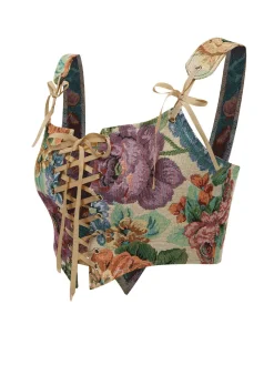Outlet Retro Stage 1960s Floral Lace-Up Bustier Crop Top Multicolor