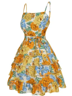 Best Retro Stage 1980s Floral Layered Strap Dress Multicolor