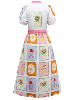 Discount Retro Stage 1930s Floral Sun Moon Belted Dress Multicolor