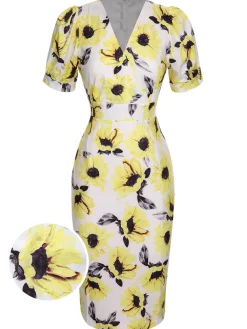 Online Retro Stage 1960s Floral Sunflower V-Ausschnitt Dress Multicolor