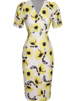 Online Retro Stage 1960s Floral Sunflower V-Ausschnitt Dress Multicolor