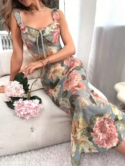 Fashion Retro Stage 1970s Floral V-Neck Straps Nightgown Multicolor