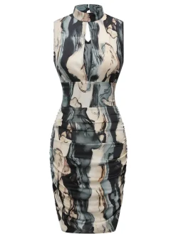 Fashion Retro Stage 1960s Front Hollow Pleated Sleeveless Dress Multicolor