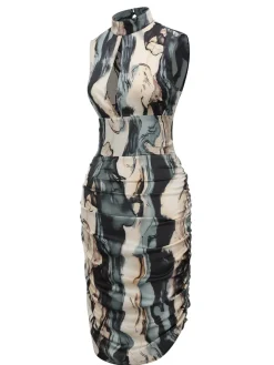 Fashion Retro Stage 1960s Front Hollow Pleated Sleeveless Dress Multicolor