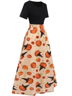 New Retro Stage 1950s Halloween Pumpkin Patchwork Dress Multicolor