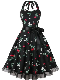 Fashion Retro Stage Multicolor 1950s Halter Floral Lace Hem Dress