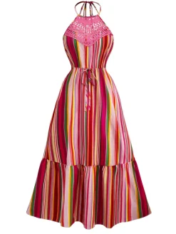 Clearance Retro Stage 1970s Halter Rainbow Stripes Patchwork Dress Multicolor