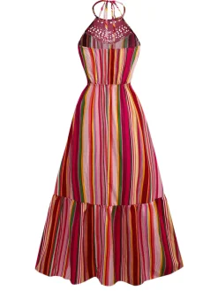 Clearance Retro Stage 1970s Halter Rainbow Stripes Patchwork Dress Multicolor