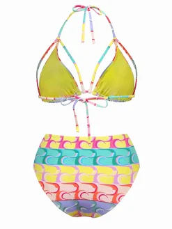 Fashion Retro Stage 1960s Lace-up Rainbow Halter Bikini Set Multicolor