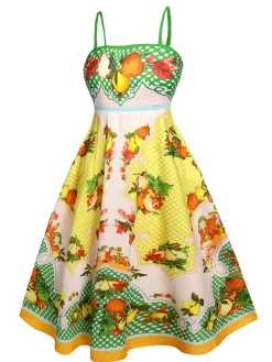 Clearance Retro Stage 1940s Lemonis Print Midi Dress Multicolor